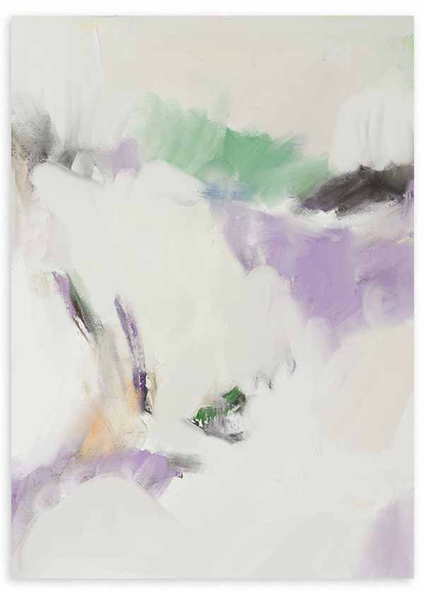 Tableau abstrait en blanc, lavande et vert avec composition éthérée et douce, kudeko.com. Disponible sur kudeko.com