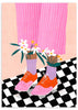 Cuadro ilustrado colorido con pantalón rosa, zapatos rojos y flores Bea Muller, kudeko.com
