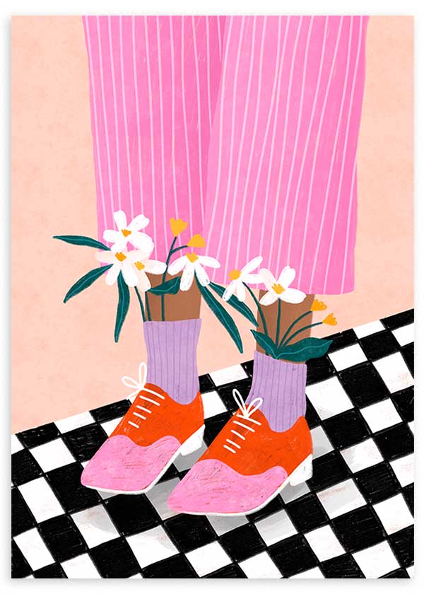 Cuadro ilustrado colorido con pantalón rosa, zapatos rojos y flores Bea Muller, kudeko.com
