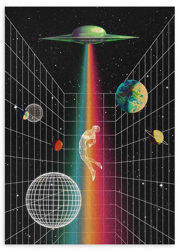 Tableau surréaliste d’abduction spatiale avec rayon de lumière, planètes et ambiance cosmique décorative. Disponible sur kudeko.com