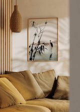 Cuadro japonés con bambú y garza en estilo sumi-e, kudeko.com
