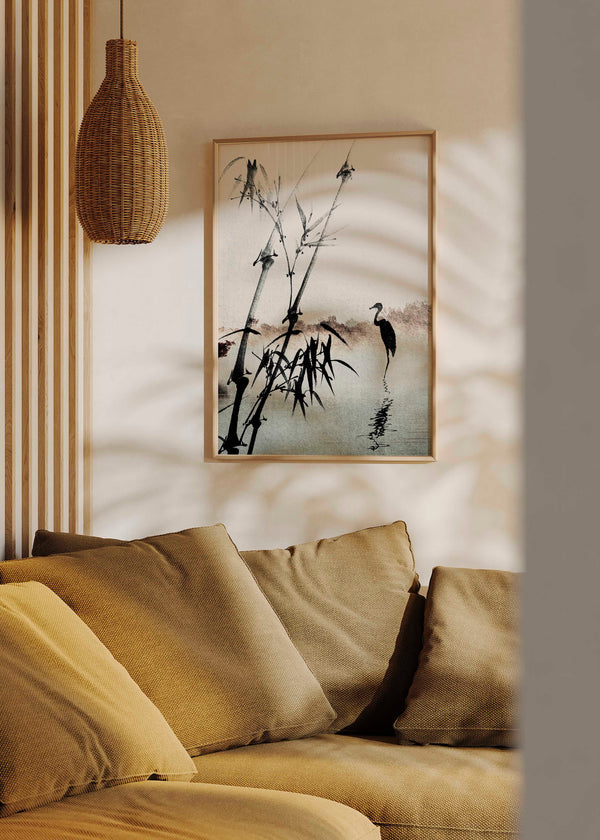 Cuadro japonés con bambú y garza en estilo sumi-e, kudeko.com
