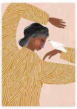Cuadro ilustrado colorido con mujer de jersey mostaza y pájaro blanco Bea Muller, kudeko.com
