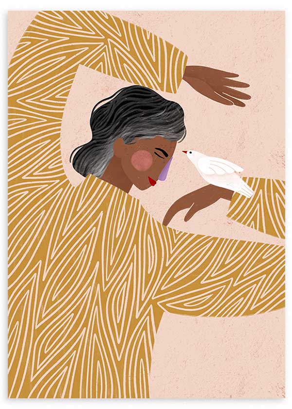 Cuadro ilustrado colorido con mujer de jersey mostaza y pájaro blanco Bea Muller, kudeko.com
