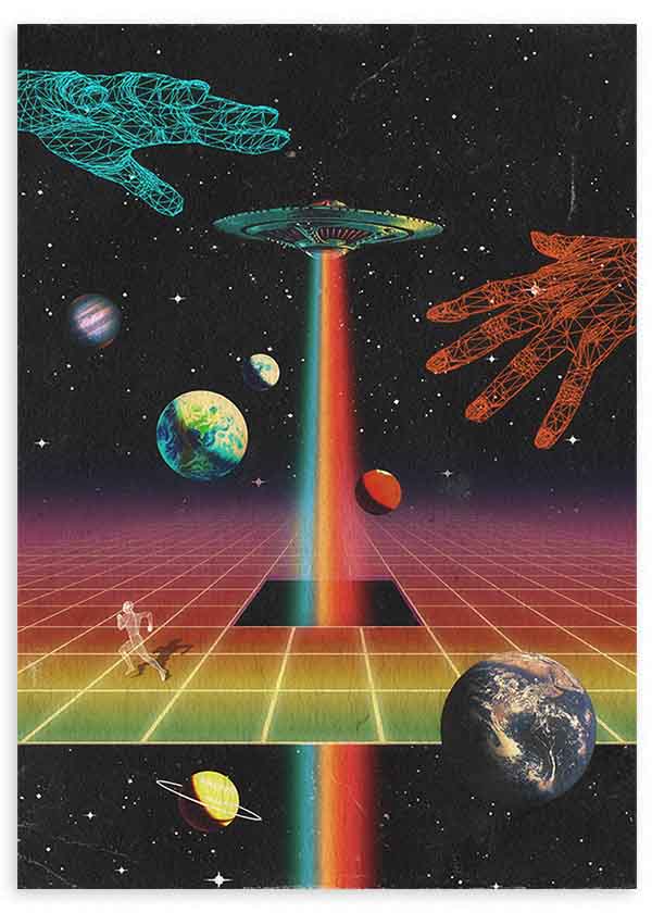 Quadro futurista vaporwave com OVNI, mãos geométricas e universo digital, disponível em kudeko.com. Disponível em kudeko.com
