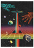 Cuadro futurista vaporwave con OVNI, manos geométricas y universo digital, disponible en kudeko.com.
