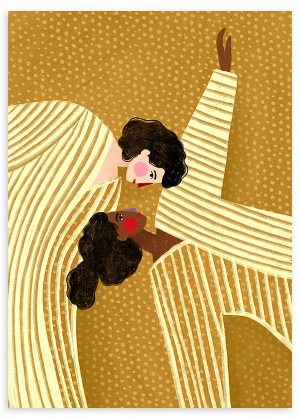 Cuadro ilustrado colorido con dos mujeres en tonos dorados Bea Muller, kudeko.com
