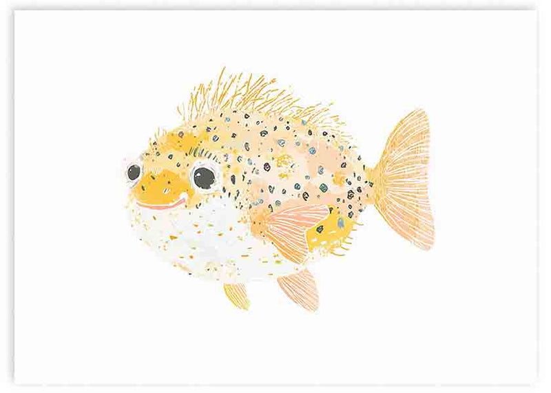 Cuadro infantil con ilustración de pez globo amarillo. kudeko.com
