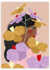 Cuadro ilustrado colorido con retrato femenino rodeado de flores doradas y lilas, obra de Bea Muller, kudeko.com
