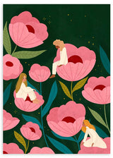 Cuadro ilustrado colorido mujeres entre flores rosadas de Bea Muller, kudeko.com
