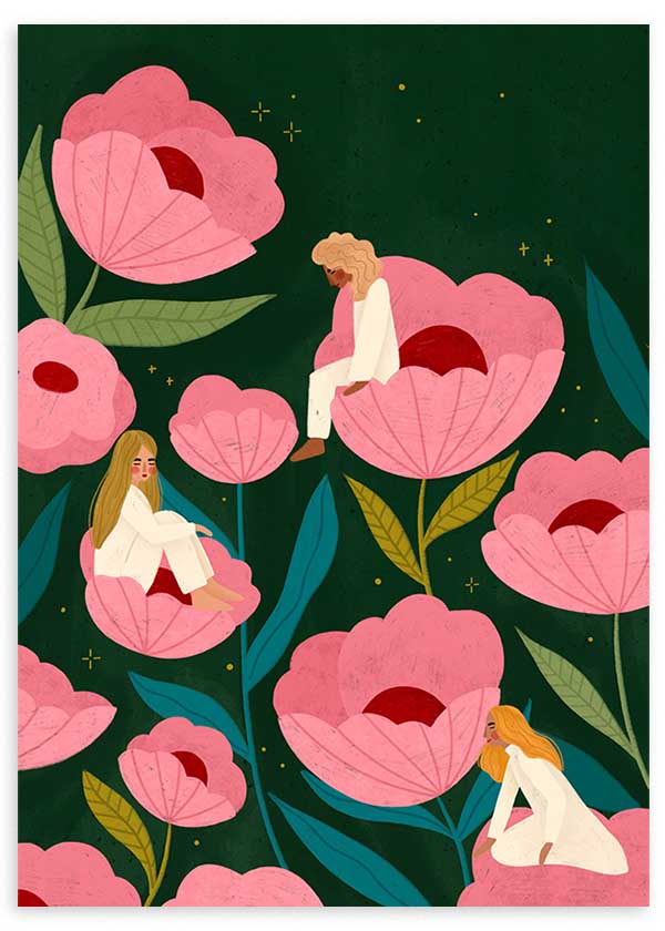 Cuadro ilustrado colorido mujeres entre flores rosadas de Bea Muller, kudeko.com
