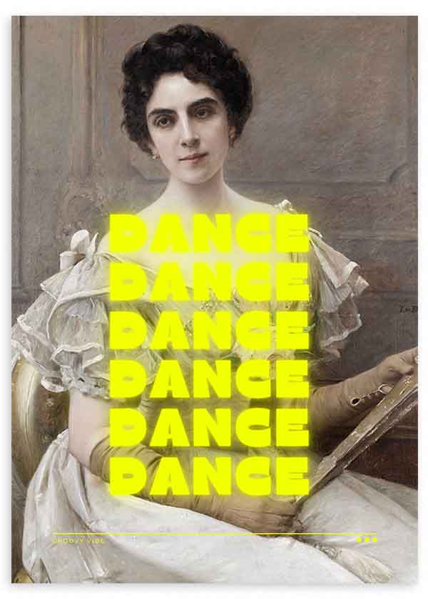 Wandbild im Pop-Art-Stil mit klassischem Porträt, ergänzt durch das Wort "DANCE" in Neon-Typografie, moderne dekorative Wirkung und starke Kontraste. Erhältlich auf kudeko.com