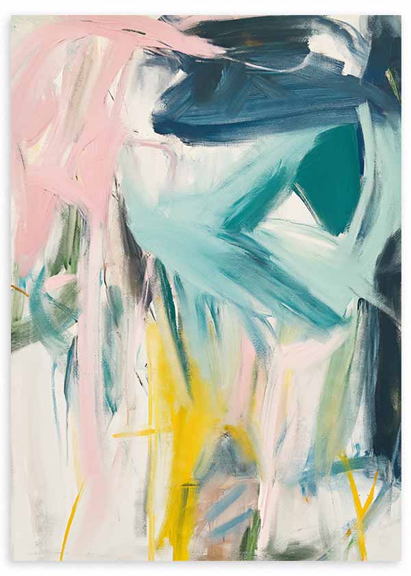 Tableau abstrait expressionniste avec traits en bleu, turquoise, rose et jaune, style décoratif contemporain. Disponible sur kudeko.com