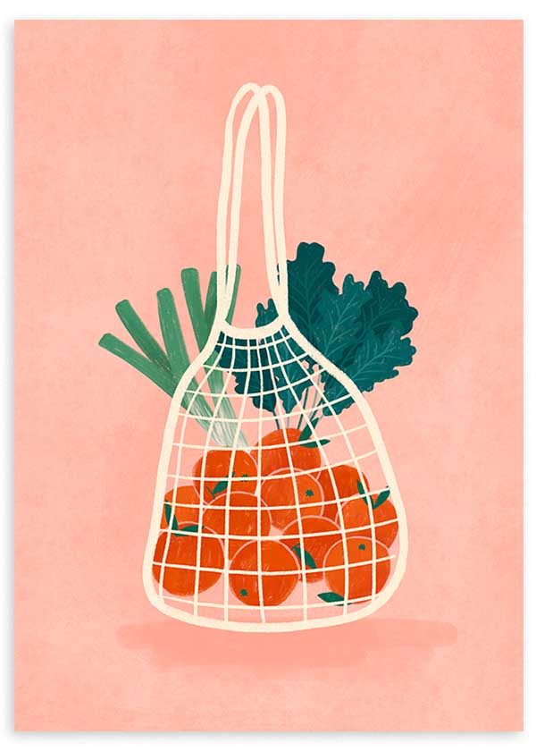 Cuadro ilustrado colorido bolsa de malla con naranjas y verduras de Bea Muller, kudeko.com
