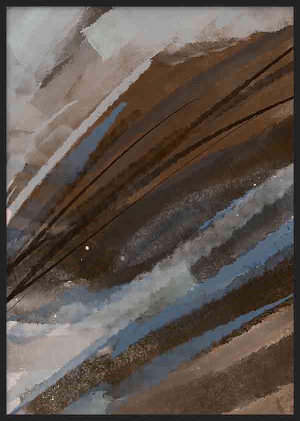 Cuadro con composición abstracta de franjas diagonales en marrón, beige, gris topo y azul grisáceo, con efecto de paisaje montañoso y gran profundidad visual, de estilo abstracto. Disponible en kudeko.com
