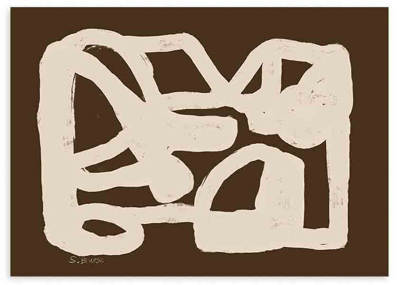 Quadro horizontal abstrato com formas geométricas brancas sobre fundo castanho escuro, num estilo decorativo simples. Disponível em kudeko.com