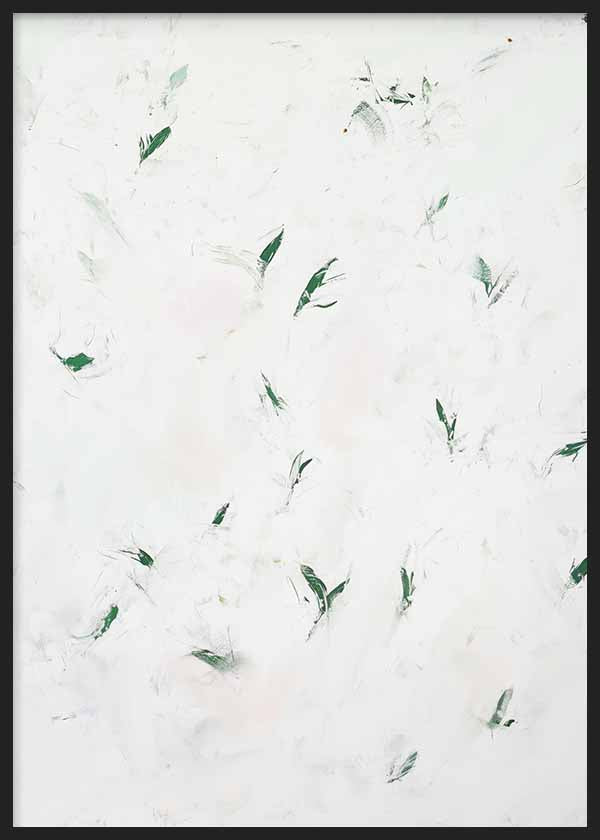 Tableau abstrait minimaliste en vert émeraude et blanc, au style décoratif épuré et contemporain. Disponible sur kudeko.com