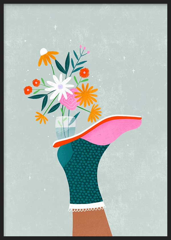 Cuadro ilustrado colorido con pierna y flores en vaso, obra de Bea Muller, kudeko.com
