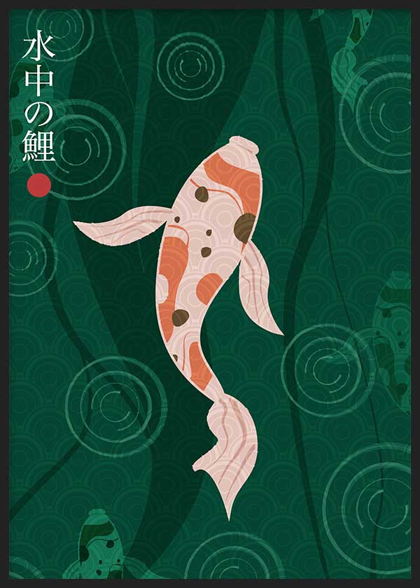 Cuadro japonés con pez koi en aguas verdes, kudeko.com

