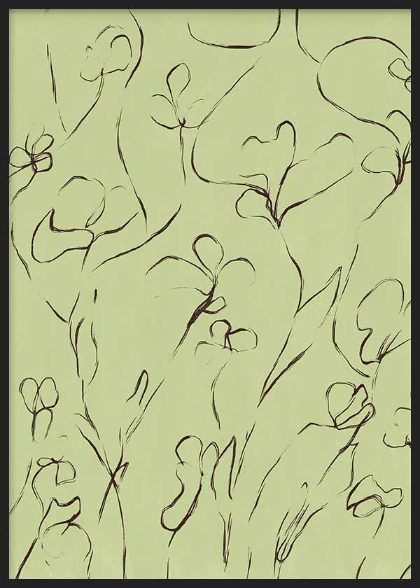 Wandbild mit Blumen in geschwungenen Linien, feinen Stängeln, sanft grünem Hintergrund, dunklen Konturen und leichter botanischer Komposition im minimalistischen Stil. Erhältlich auf kudeko.com