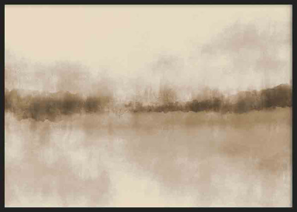 Quadro horizontal com paisagem abstrata, horizonte enevoado, árvores difusas e reflexos suaves em tons de bege, creme, taupe e castanho, em estilo natureza e paisagem. Disponível em kudeko.com