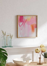 Cuadro cuadrado abstracto en tonos rosa, fucsia y naranja para decoración moderna kudeko.com
