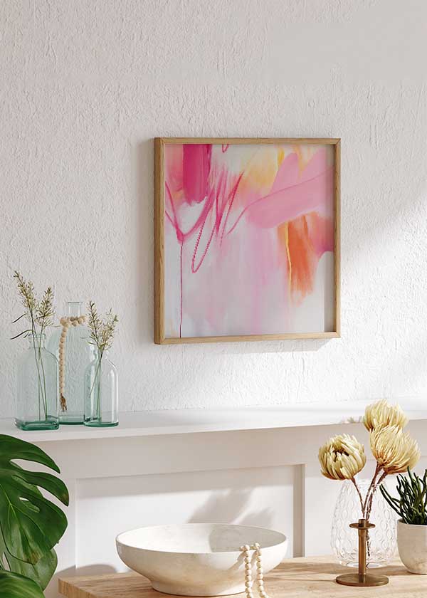 Cuadro cuadrado abstracto en tonos rosa, fucsia y naranja para decoración moderna kudeko.com
