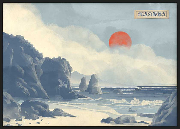 Cuadro horizontal japonés con paisaje marino, acantilados y sol rojo estilo Japandi, kudeko.com
