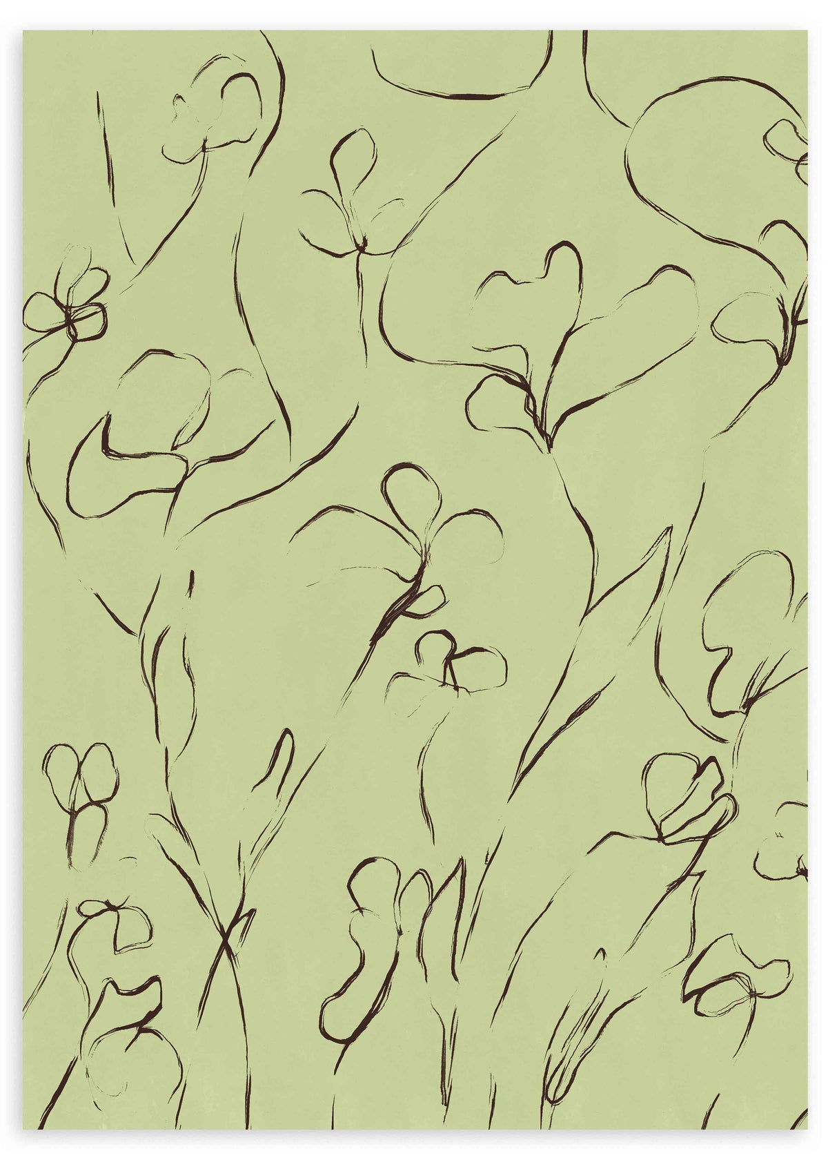 Cuadro de flores de líneas sinuosas con tallos finos, fondo verde suave, trazos oscuros y composición botánica ligera de estilo minimalista. Disponible en kudeko.com