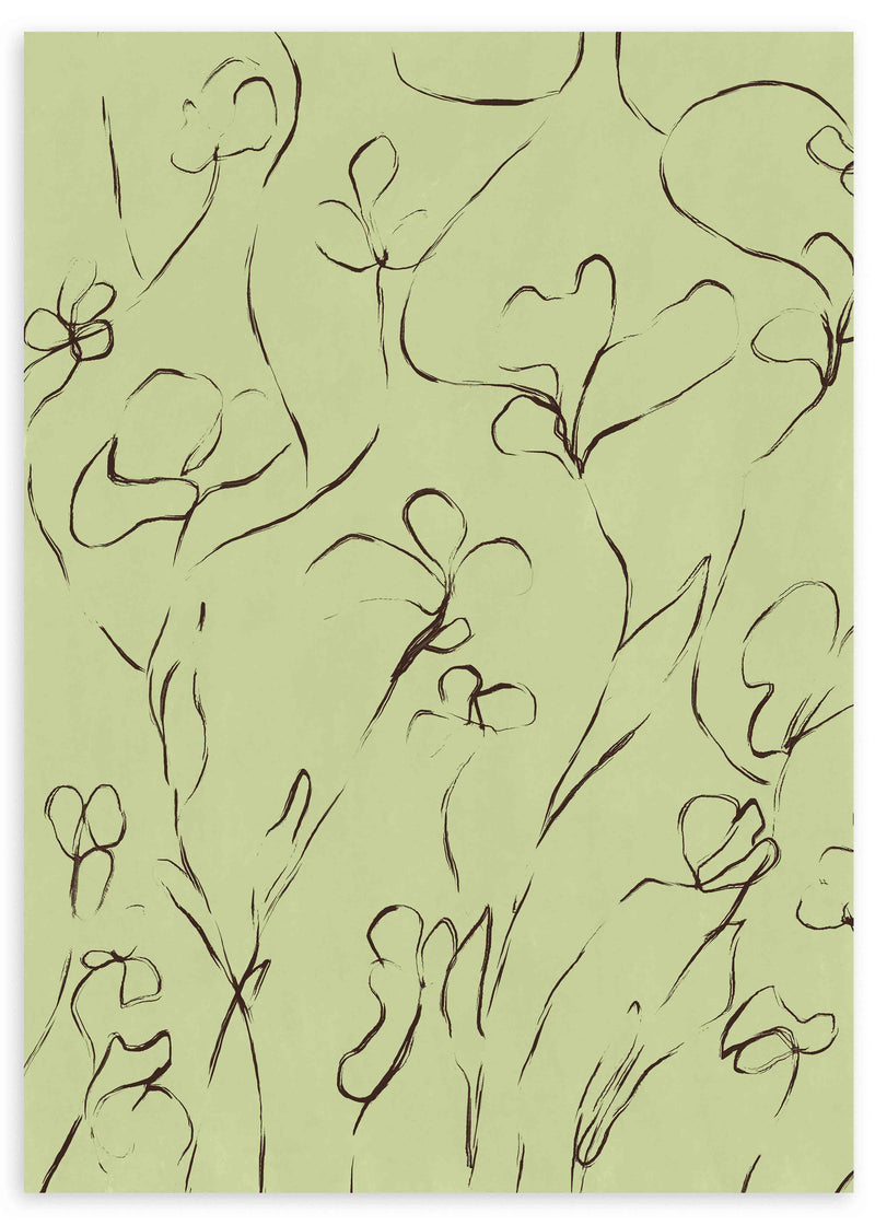 Cuadro de flores de líneas sinuosas con tallos finos, fondo verde suave, trazos oscuros y composición botánica ligera de estilo minimalista. Disponible en kudeko.com