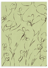 Cuadro cuadrado minimalista con líneas sinuosas de flores en fondo verde. Disponible en kudeko.com