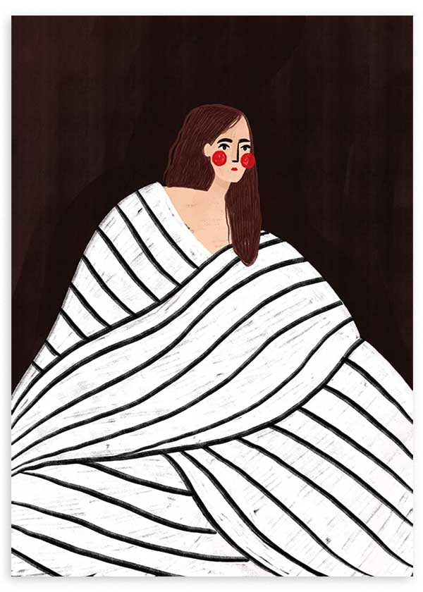 Tableau illustré coloré représentant une femme enveloppée dans un manteau blanc à rayures noires de Bea Muller. Disponible sur kudeko.com
