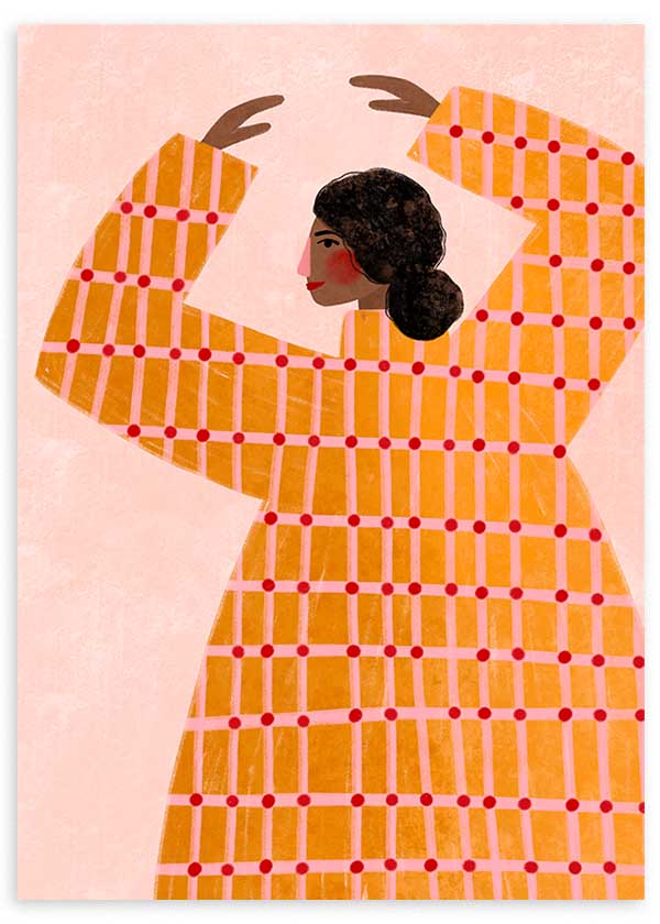 Cuadro ilustrado colorido mujer con vestido geométrico amarillo y rojo de Bea Muller, kudeko.com
