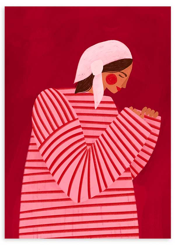 Quadro ilustrado colorido de mulher com lenço branco e camisa às riscas vermelhas de Bea Muller. Disponível em kudeko.com