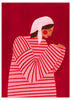 Cuadro ilustrado colorido mujer con pañuelo blanco y camisa de rayas rojas de Bea Muller, kudeko.com
