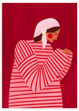 Cuadro ilustrado colorido mujer con pañuelo blanco y camisa de rayas rojas de Bea Muller, kudeko.com
