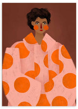 Cuadro ilustrado colorido con retrato femenino y abrigo rosado con círculos naranjas, obra de Bea Muller, kudeko.com
