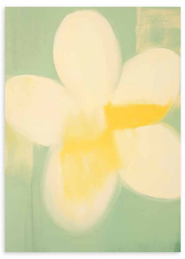 Tableau abstrait avec fleur blanche et jaune sur fond vert, aux tons doux et décoratifs. Disponible sur kudeko.com