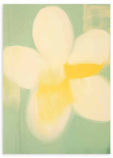 Cuadro abstracto de flor blanca y amarilla sobre fondo verde, kudeko.com

