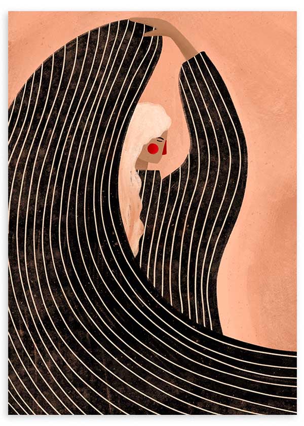 Cuadro ilustrado colorido mujer con manto negro de Bea Muller, kudeko.com

