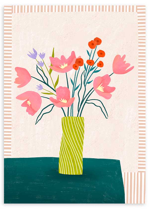 Quadro ilustrado colorido com jarra verde, flores cor-de-rosa e lilás, de Bea Muller. Disponível em kudeko.com