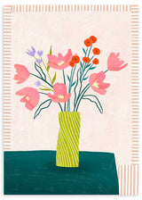 Cuadro ilustrado colorido jarrón verde con flores rosas y lilas de Bea Muller, kudeko.com

