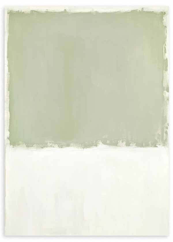Cuadro abstracto en verde grisáceo y blanco cálido, kudeko.com
