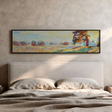 Tableau horizontal abstrait qui évoque la sérénité d'un lever de soleil à la campagne. Disponible sur kudeko.com
