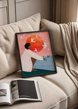 Cuadro ilustrado colorido mujer frente al mar con sol naranja y gaviotas de Bea Muller, kudeko.com
