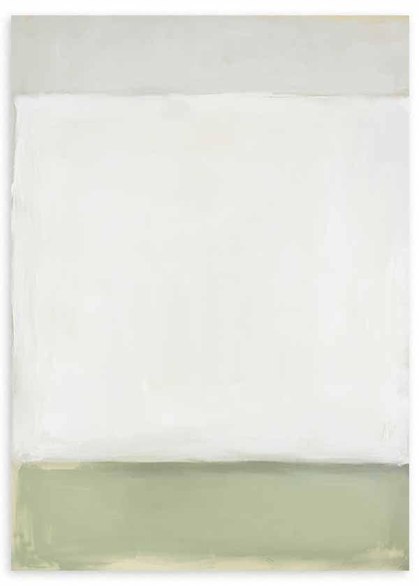 Quadro abstrato em branco e verde suave para uma decoração serena kudeko.com. Disponível em kudeko.com