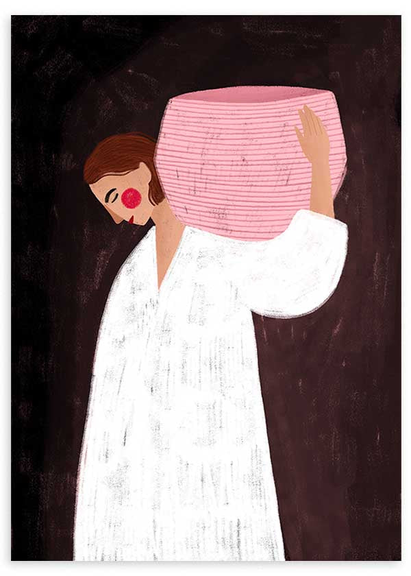 Cuadro ilustrado colorido mujer con túnica blanca cargando cuenco rosa de Bea Muller, kudeko.com
