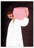 Cuadro ilustrado colorido mujer con túnica blanca cargando cuenco rosa de Bea Muller, kudeko.com
