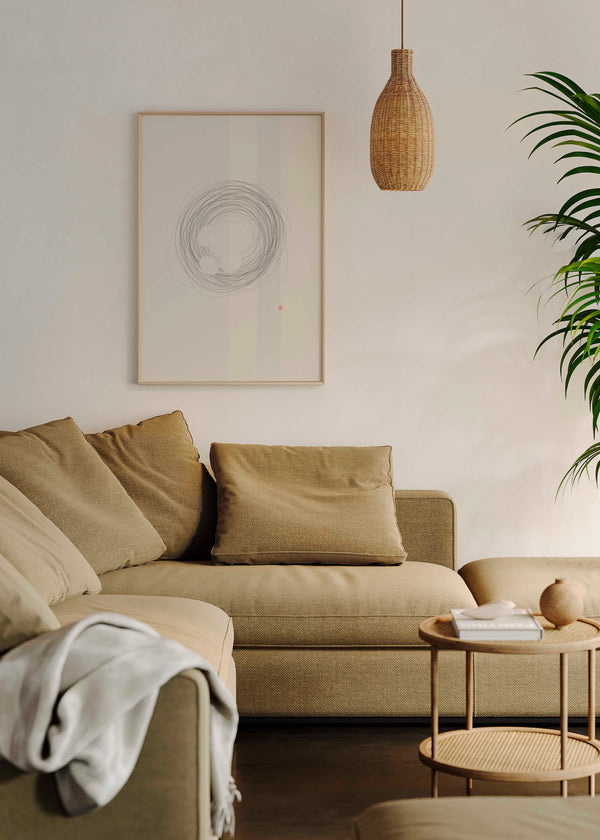 Cuadro japonés minimalista con espiral de líneas finas y formas circulares blancas estilo zen, kudeko.com
