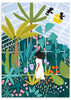 Cuadro ilustrado colorido con mujer paseando en un invernadero lleno de plantas y flores, obra de Bea Muller, kudeko.com

